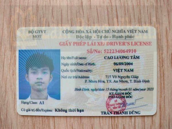 Mẫu bằng lái xe A1 mặt trước