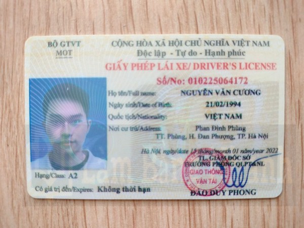 Mẫu bằng lái xe A2 mặt trước