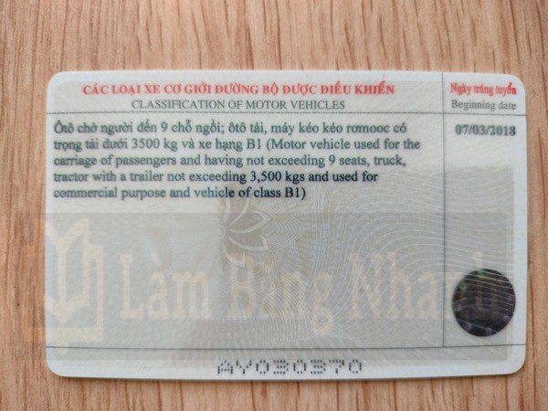 Mẫu bằng lái xe B2 mặt sau