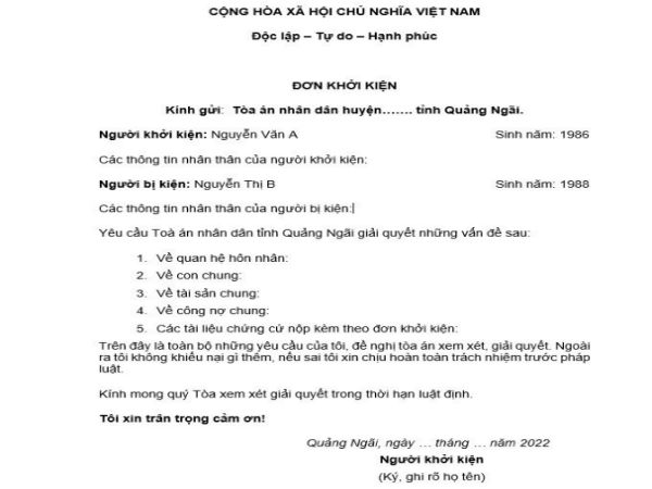 Nội dung cần có trong đơn xin ly hôn